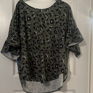 SHEIN Olive Green Leopard Ruffle-Sleeve Blouse